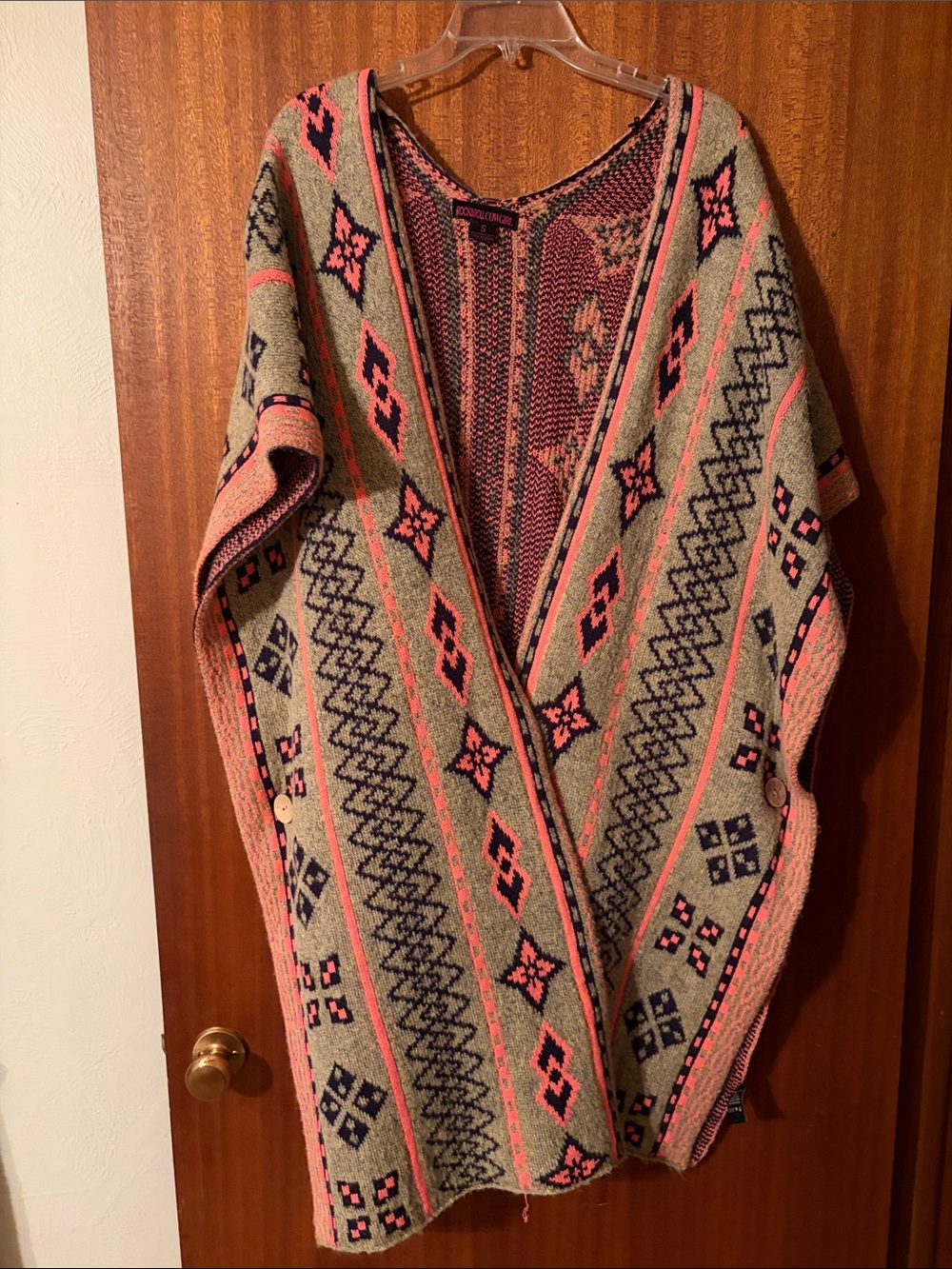 Boho Knit Poncho Wrap Jacket - Pink & Olive